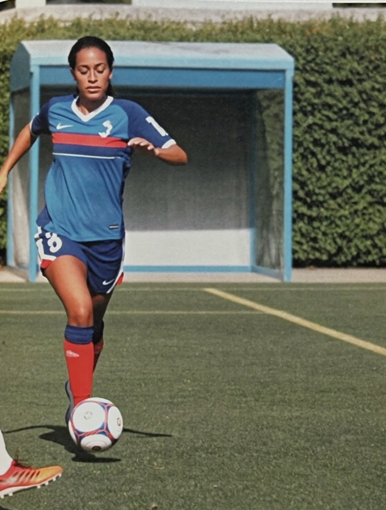 Une joueuse en maillot bleu conduit le ballon devant un but sur un terrain synthétique.