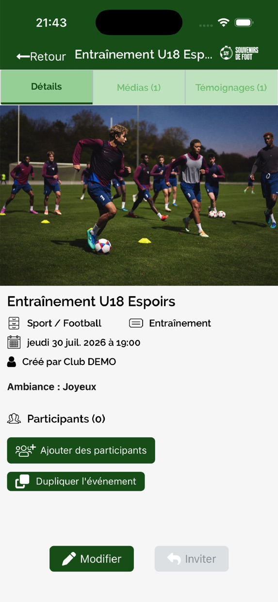 Fiche d'un entraînement U18 : photo, catégorie sport et football, date, créateur, ambiance et participants.