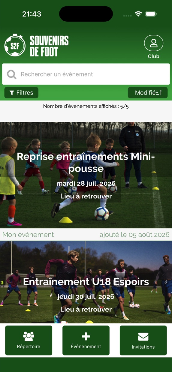 Liste des événements du club dans l'application : reprise des entraînements Mini-pousse et entraînement U18 Espoirs, chacun illustré par une photo.