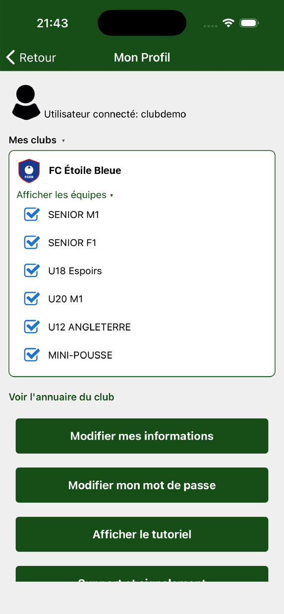 Écran de profil de l'application : le club FC Étoile Bleue avec la liste de ses équipes — Senior M1, Senior F1, U18 Espoirs, U20 M1, U12, Mini-pousse — toutes cochées.