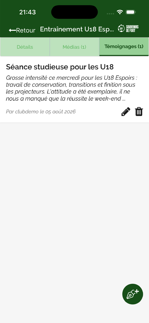 Onglet Témoignages d'un entraînement, avec un texte signé et daté par son auteur.